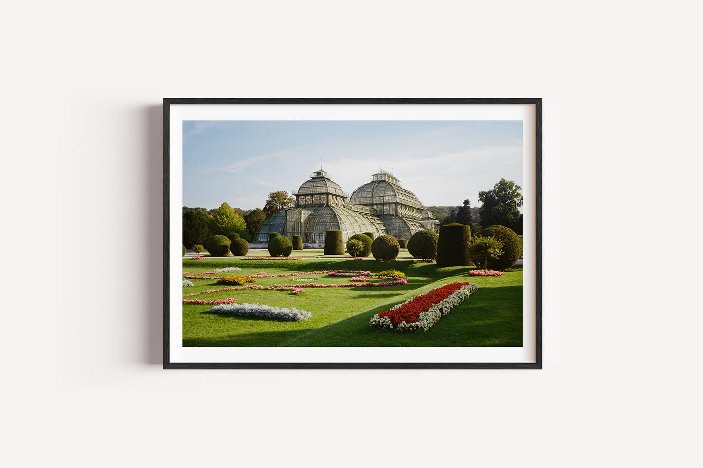 Framed photograph of a garden with a building in the background on a white wall.