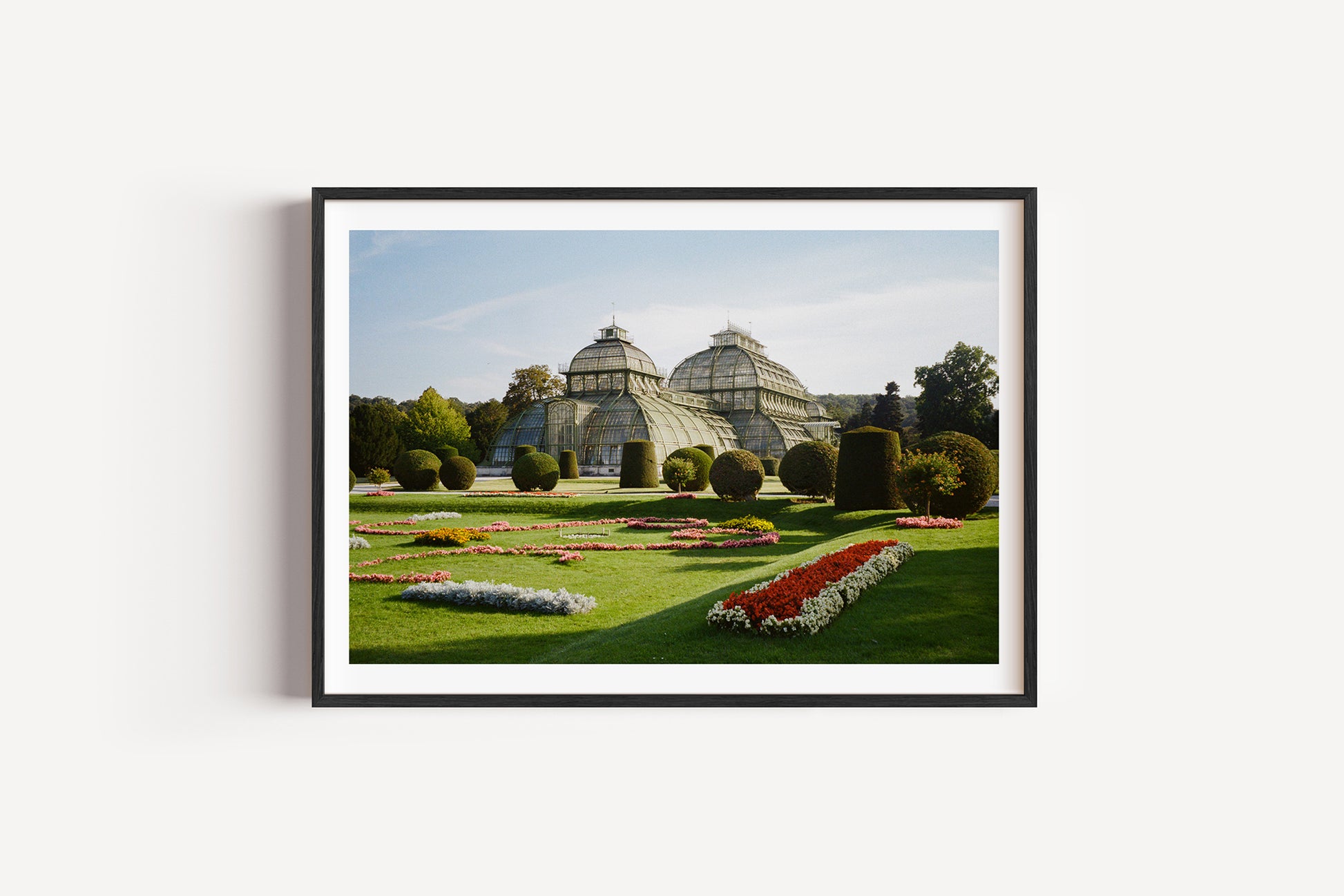 Framed photograph of a garden with a building in the background on a white wall.