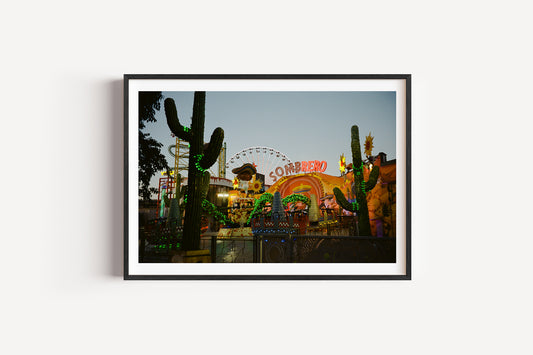 Framed photograph of a nighttime scene with cacti and a neon sign on a white wall.